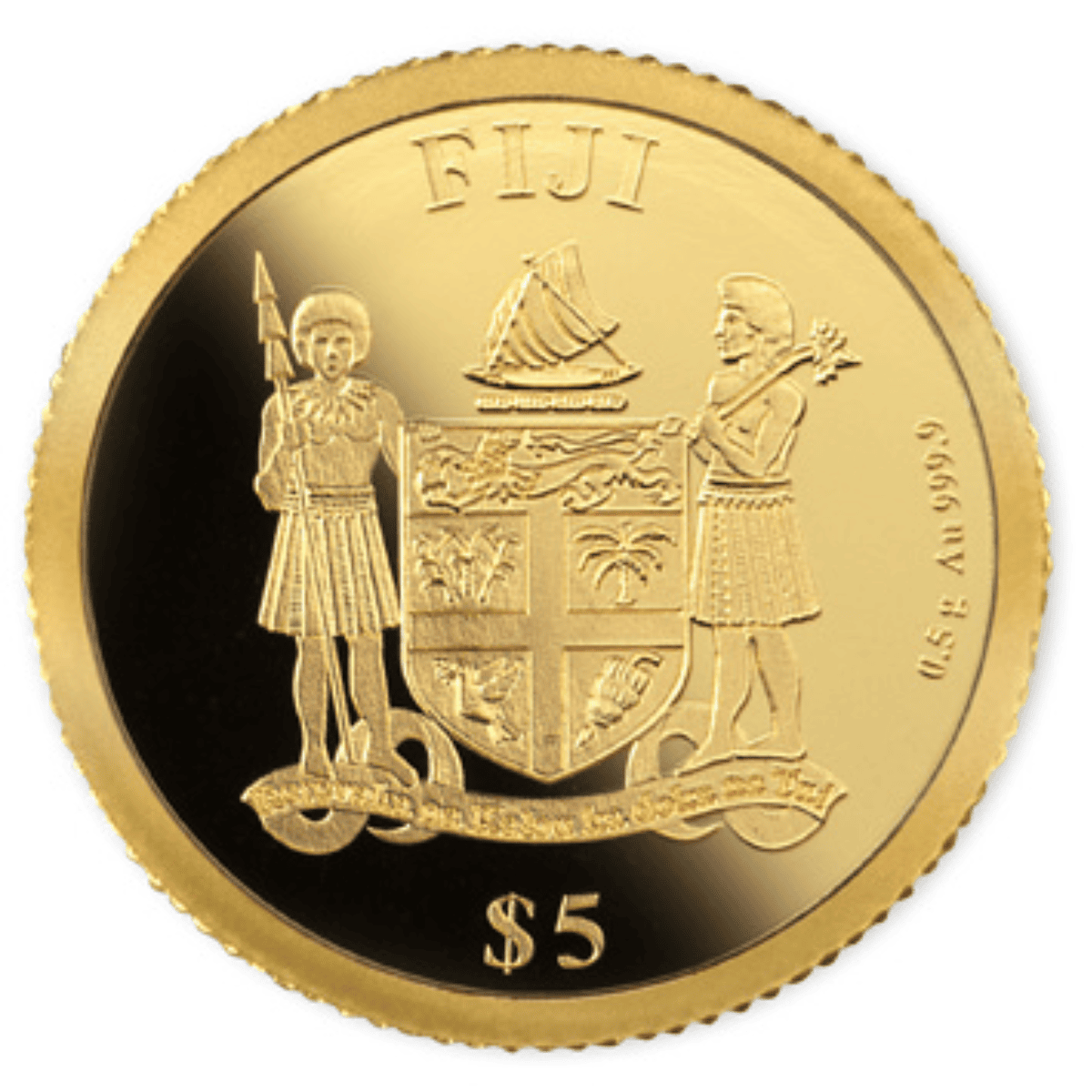 Fiji $5 gold coin featuring traditional Fijian warriors and national crest.