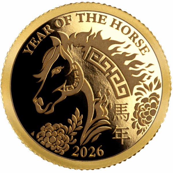 2026 Chinese Year of the Horse gold coin with intricate horse and floral engravings.