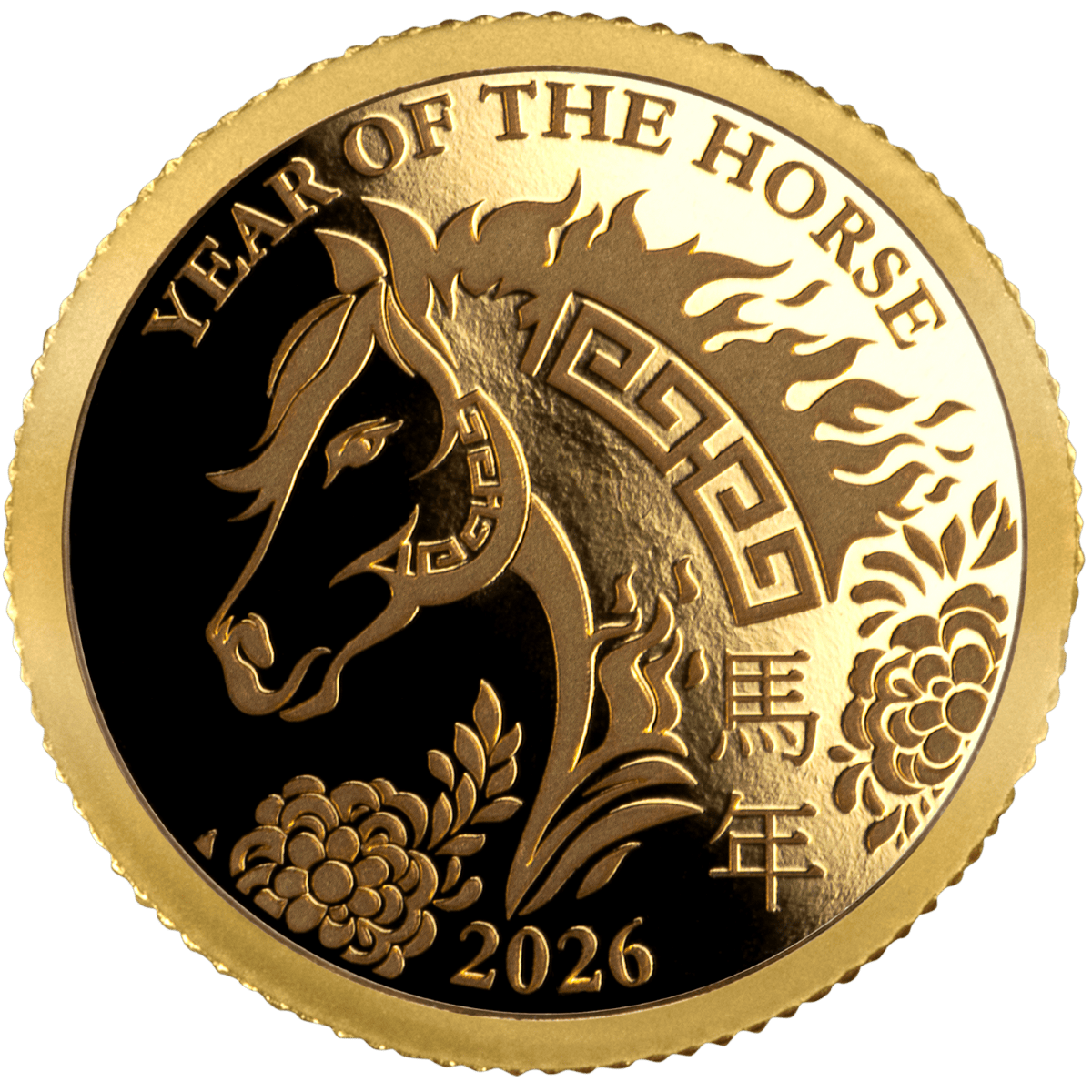 2026 Chinese Year of the Horse gold coin with intricate horse and floral engravings.