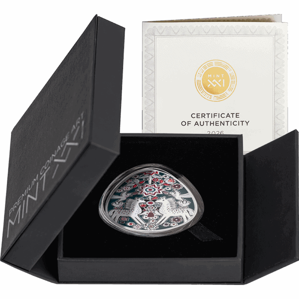 Vibrant heart-shaped designer coin in premium packaging with certificate of authenticity.