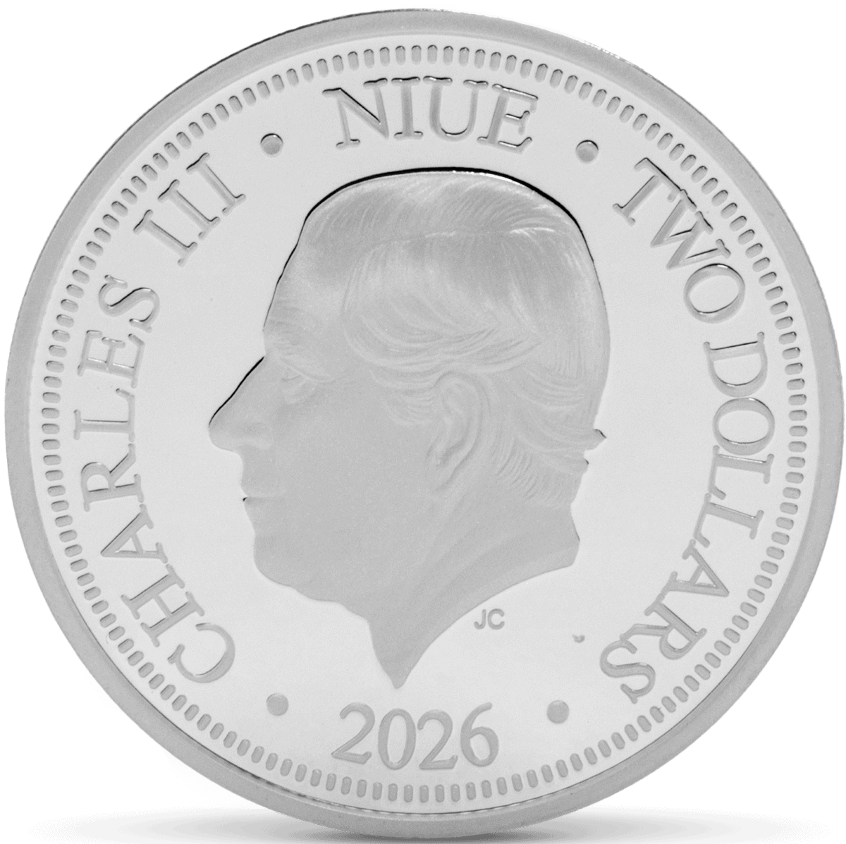 Silver coin featuring a side profile of Queen Elizabeth II, dated 2026, with inscriptions "CHARLES III III" and "NIUE TWO DOLLARS" in fine detail.