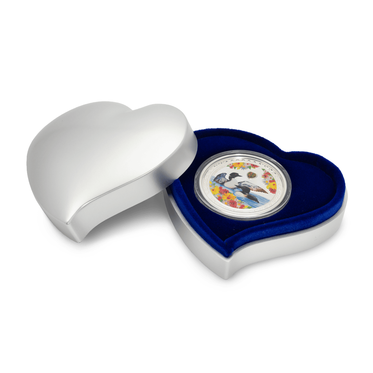 Colorful collectible coin with ducks and floral design, presented in a protective frame inside a luxurious blue velvet-lined case.