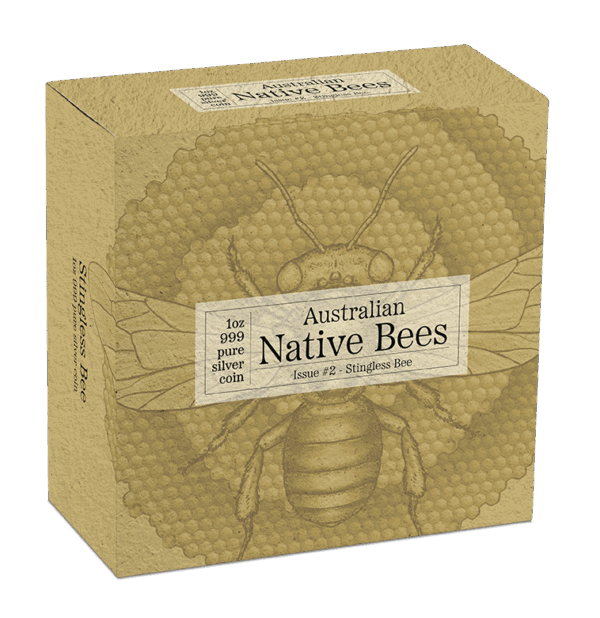 Australian native bees on honeycomb packaging for natural honey product.