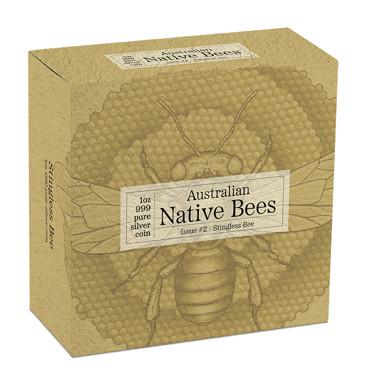 Australian native bees on honeycomb packaging for natural honey product.