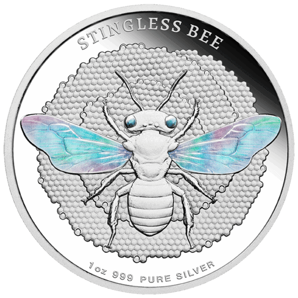 Stingless bee silver coin with detailed insect design and holographic wings, ideal for collectors.
