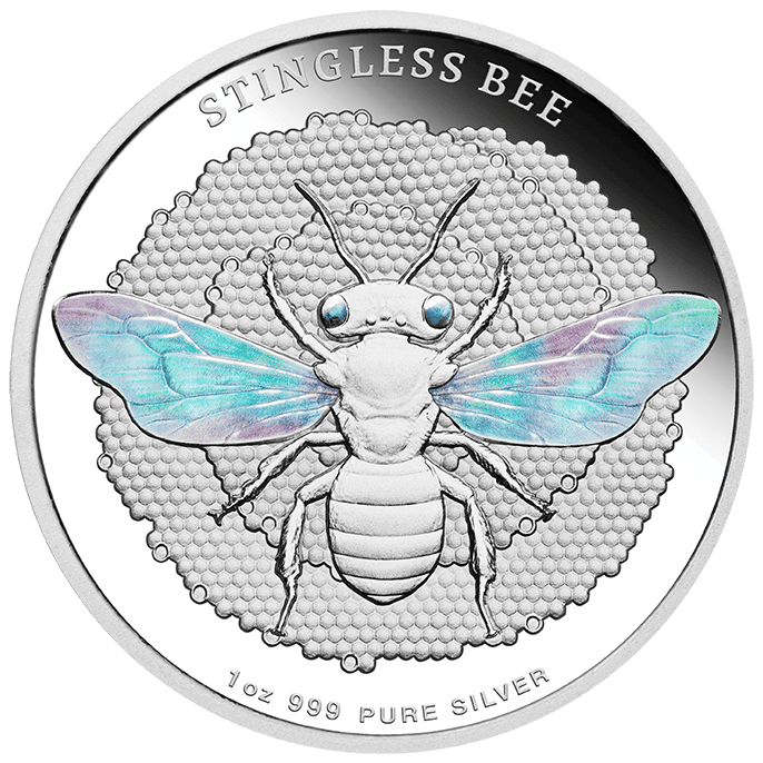Stingless bee silver coin with detailed insect design and holographic wings, ideal for collectors.