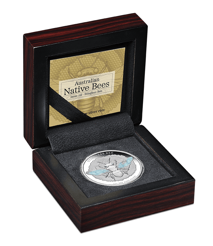 Australian Native Bees silver coin in presentation case, collectible bee-themed currency for enthusiasts, limited edition souvenir.