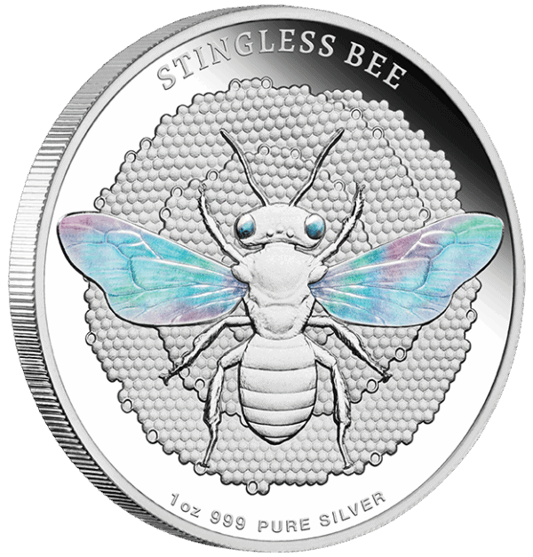 Stingless bee coin with silver and colorful wings, 1 oz pure silver collectible coin.