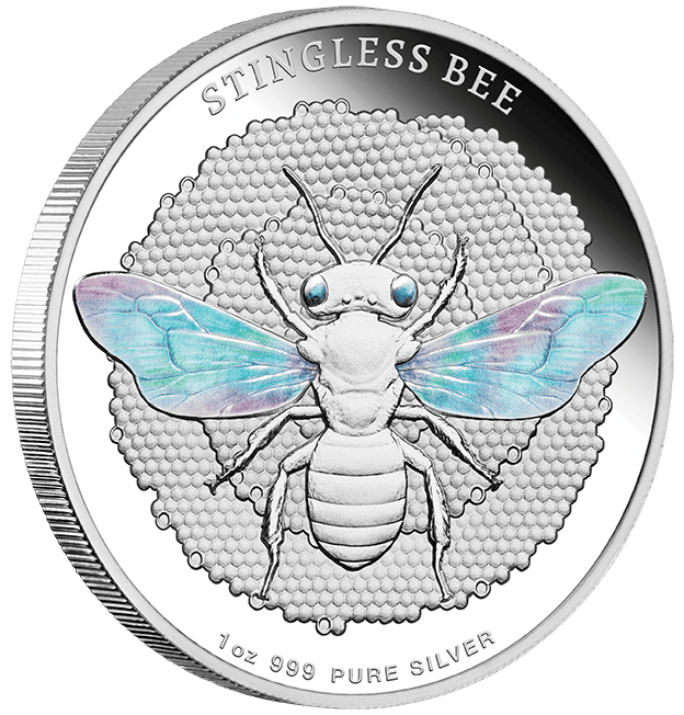 Stingless bee coin with silver and colorful wings, 1 oz pure silver collectible coin.