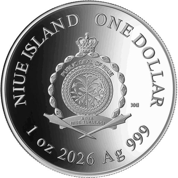 Shiny silver coin featuring the Niue Island public seal and inscriptions for a luxury, collectible coin.