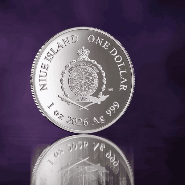 A high-resolution image of a silver coin from Niue Island with detailed inscriptions and emblem, symbolizing wealth and rarity.