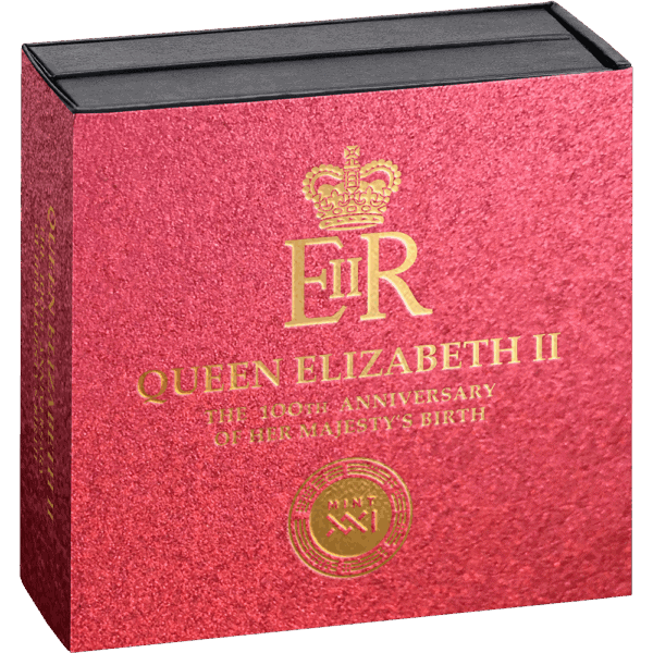Queen Elizabeth II 100th anniversary coin celebrating her birth, commemorative gold and mint packaging.