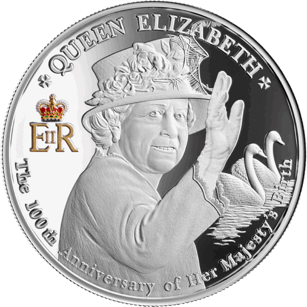 Queen Elizabeth coin, 100th anniversary of her reign, detailed silver collectible medal.