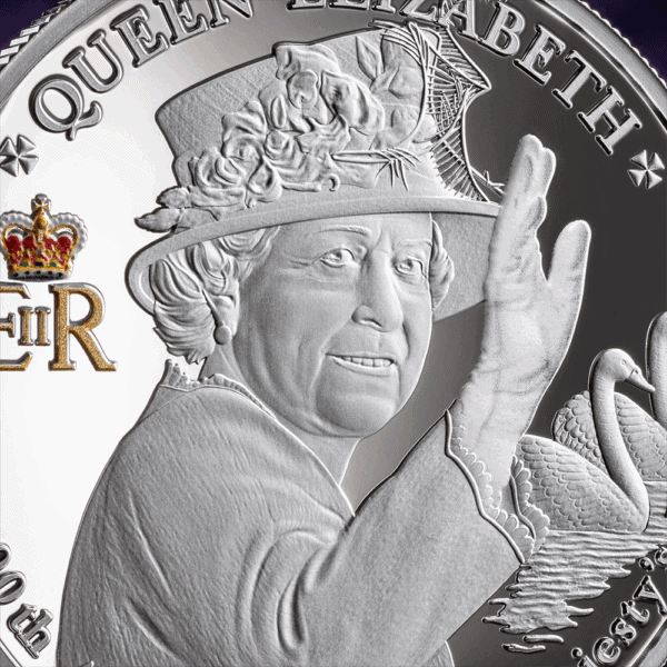 Elegant close-up of a Queen Elizabeth II commemorative coin with detailed engravings and symbolic imagery.