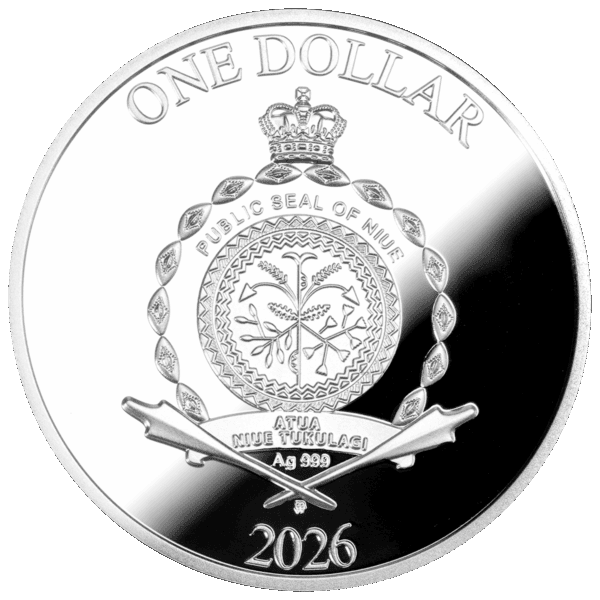 Shining Niue One Dollar coin from 2026 featuring the official emblem and detailed design elements.