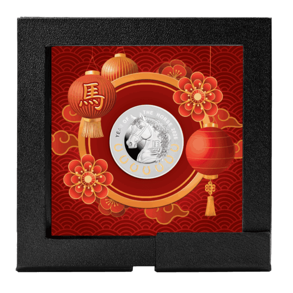 Shuangshi 2026 Year of the Horse collectible coin in a decorative red and gold Lunar New Year themed presentation box.