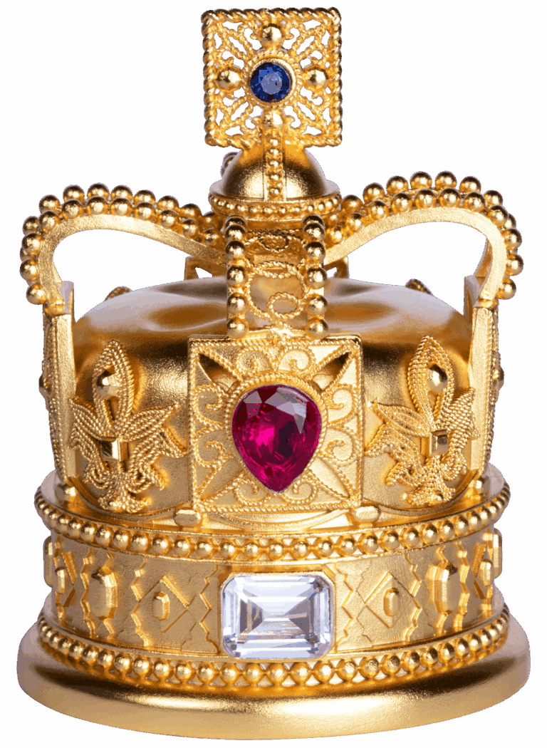 Ornate gold crown with colorful gemstones, intricate detailing, and regal design jewelry.