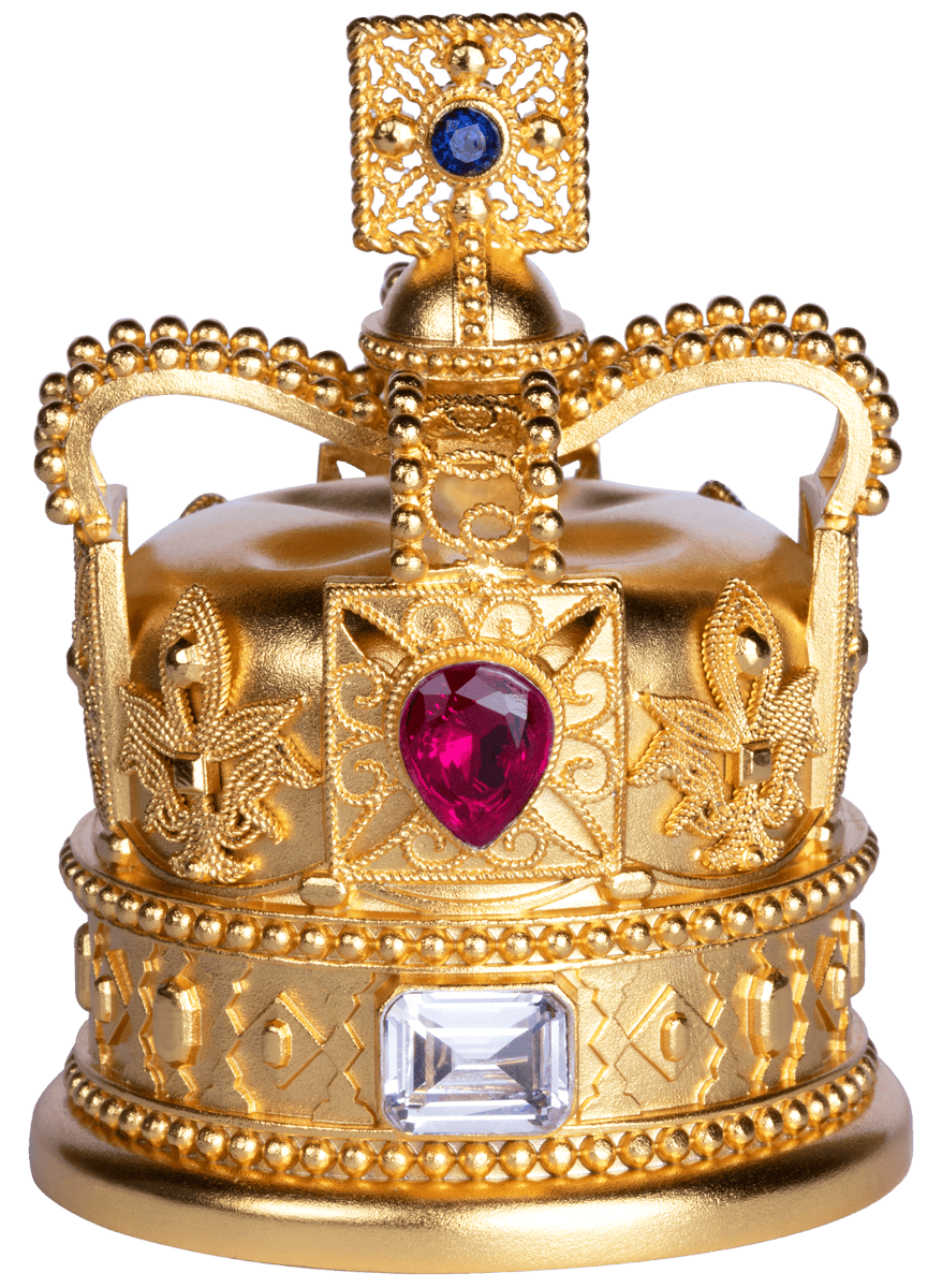 Ornate gold crown with colorful gemstones, intricate detailing, and regal design jewelry.