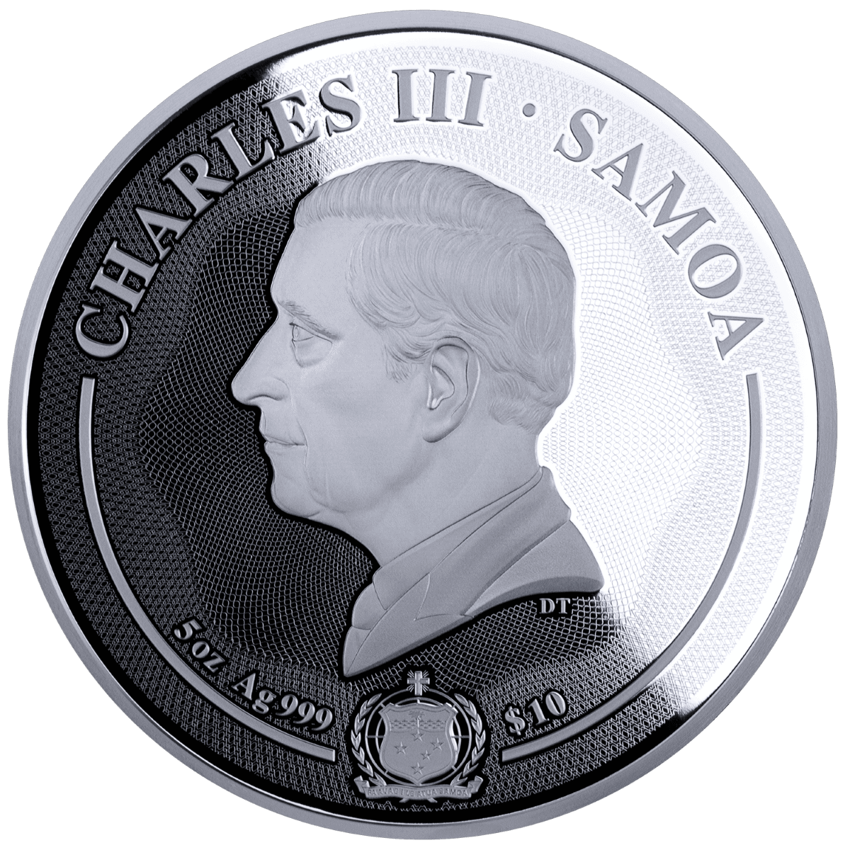 Shiny silver commemorative coin featuring a profile of Charles de Gaulle, with engraved text and symbols.