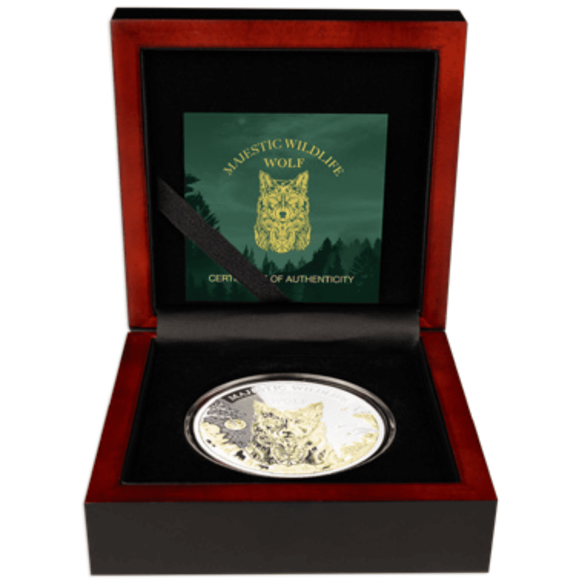 Luxurious coin in a wooden display box with wolf emblem and certification of authenticity.