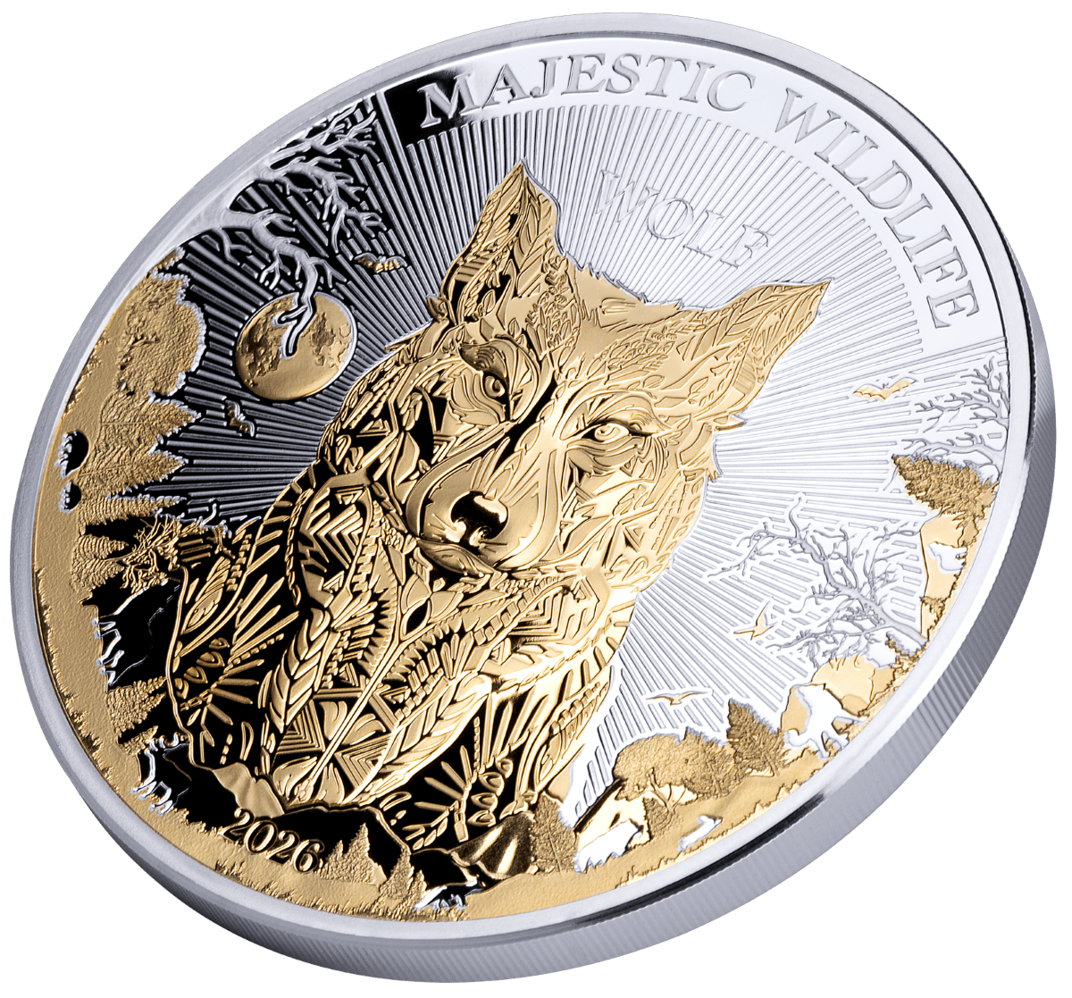 Shiny silver and gold coin featuring a detailed wolf illustration, nature scene, and "Majestic Wildlife" inscription.