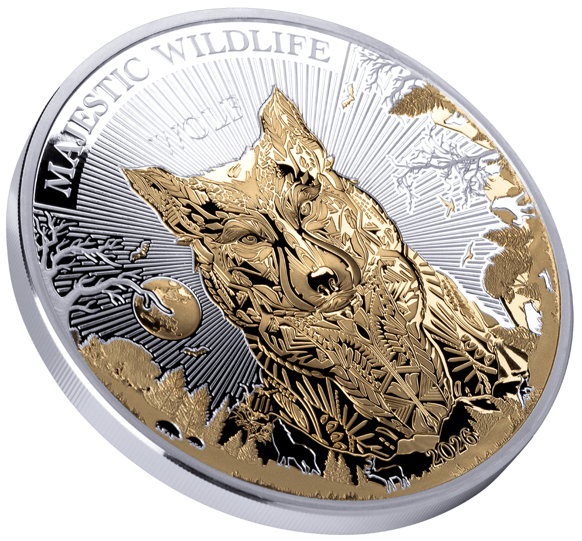 Gold and silver wildlife coin featuring a detailed wolf illustration with nature motifs.