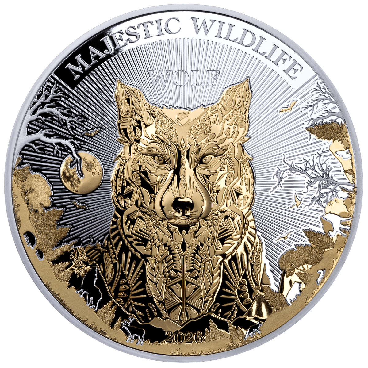 Majestic wolf coin with intricate gold and silver design, nature scene, and bold forest theme.