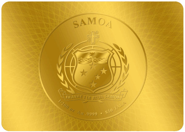 Gold Samoa coin with native symbols and inscriptions.