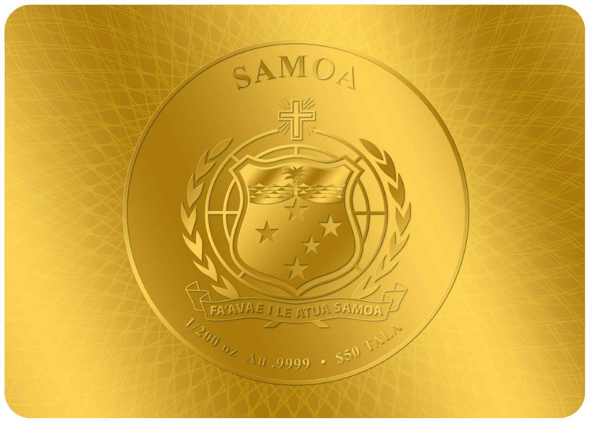 Gold Samoa coin with native symbols and inscriptions.