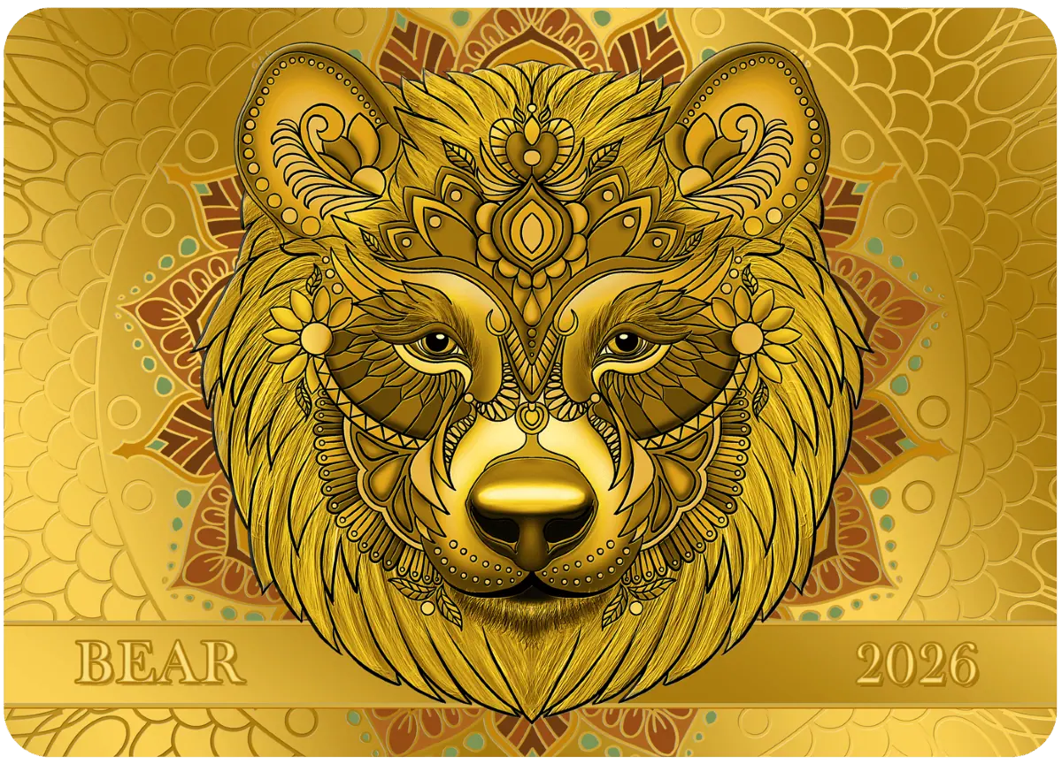 Intricate gold bear illustration celebrating the 2026 zodiac year, with detailed ornate design elements.