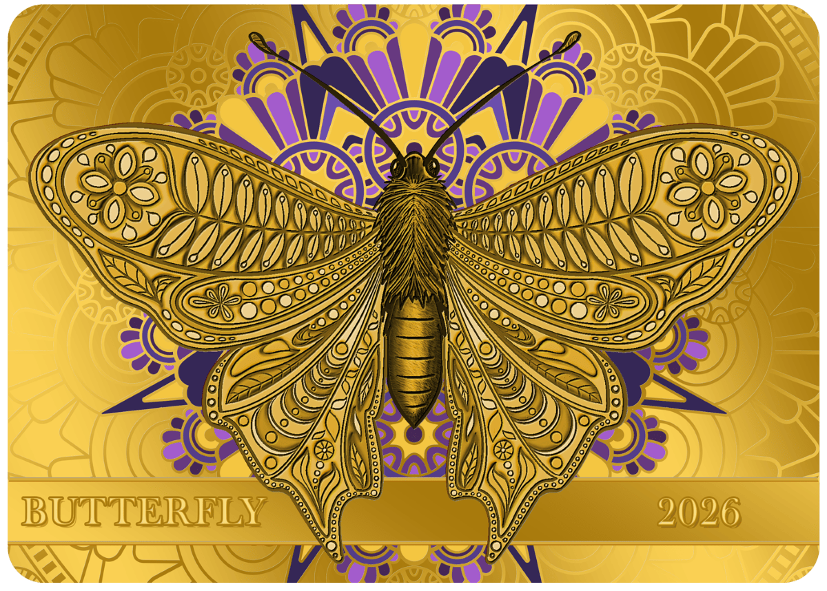 Intricate gold and purple butterfly design on a 2026 collectible card from GR Reserve.
