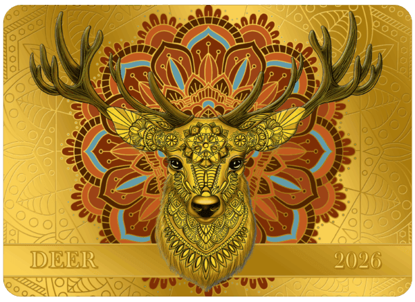 Golden deer with intricate mandala background, 2026 decorative card for GR Reserve astrology branding.