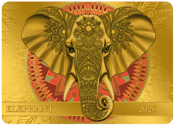 Intricate gold elephant zodiac card for 2026 with detailed patterns and vibrant background, ideal for collectors and astrology enthusiasts.