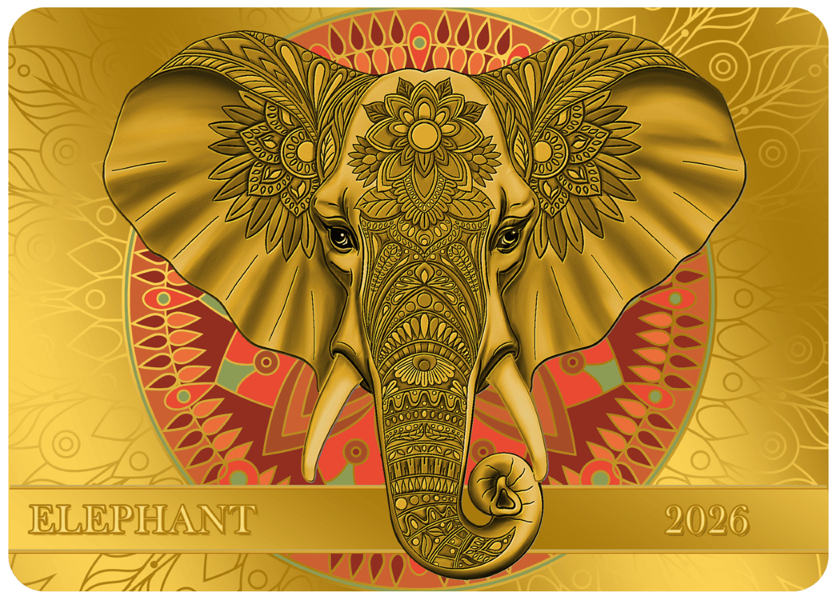 Intricate gold elephant zodiac card for 2026 with detailed patterns and vibrant background, ideal for collectors and astrology enthusiasts.