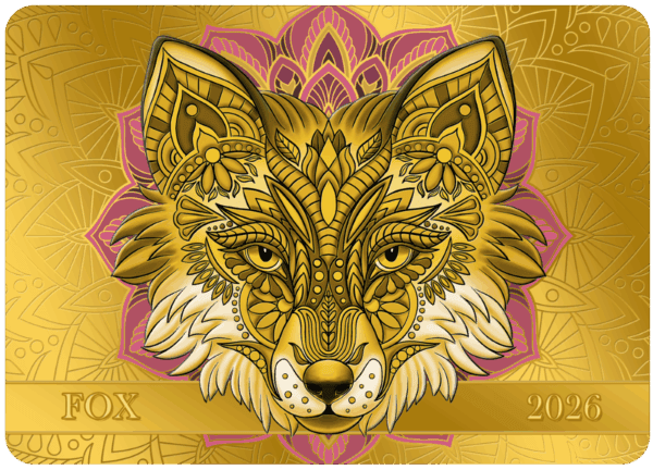 Intricate golden fox face with detailed patterns, inspired by mandala art and zodiac motifs, representing the 2026 zodiac year.