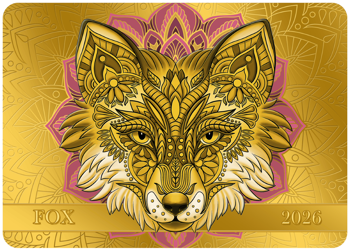 Intricate golden fox face with detailed patterns, inspired by mandala art and zodiac motifs, representing the 2026 zodiac year.