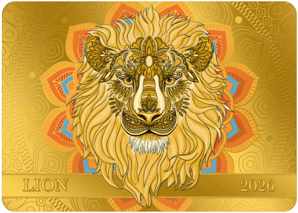 Gold lion zodiac sign 2026 mandala, luxurious detailed animal art for astrological horoscope.