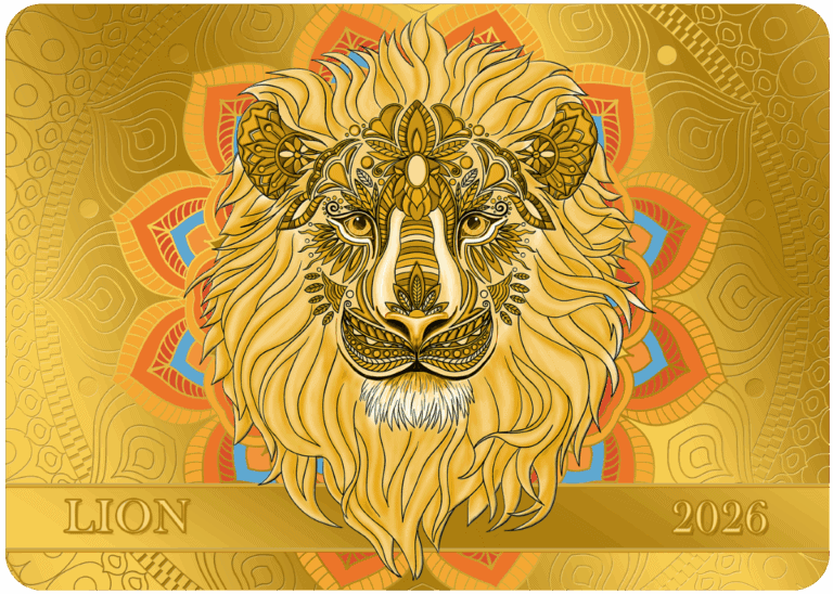 Gold lion zodiac sign 2026 mandala, luxurious detailed animal art for astrological horoscope.