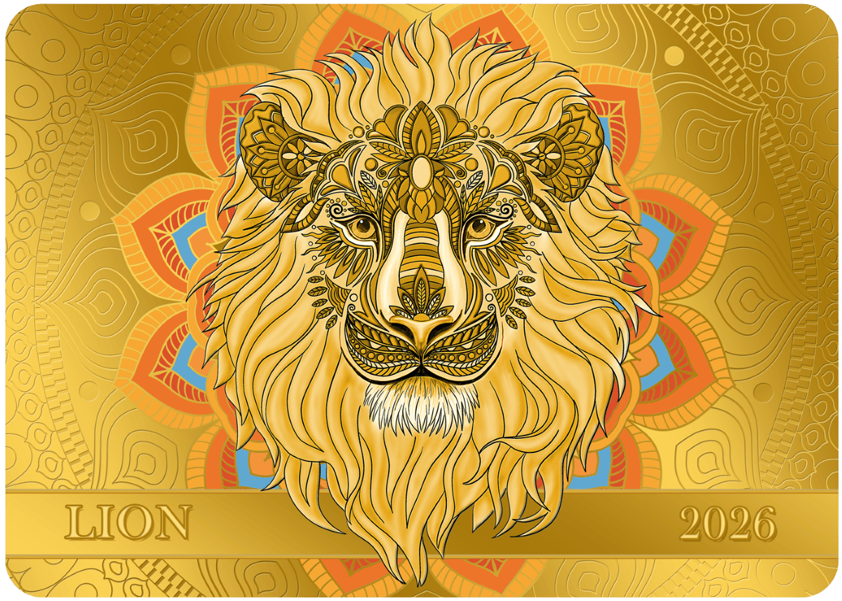 Gold lion zodiac sign 2026 mandala, luxurious detailed animal art for astrological horoscope.