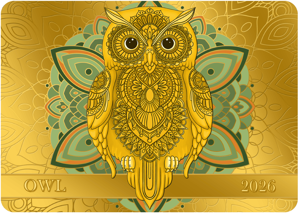 Intricate gold owl design with decorative mandala background, symbolizing wisdom and elegance.