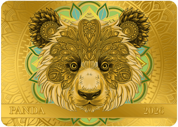 Golden lion panda zodiac coin with intricate mandala design for 2026.