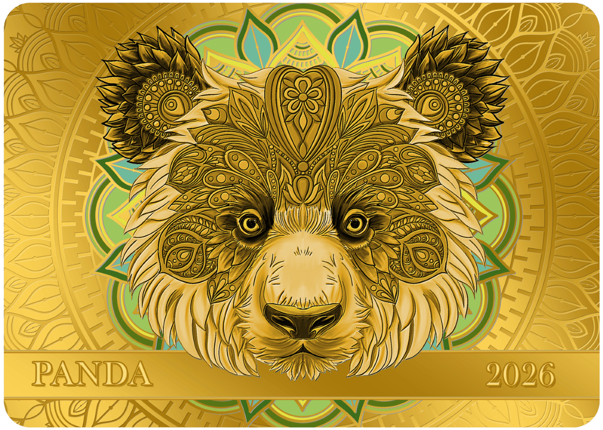 Golden lion panda zodiac coin with intricate mandala design for 2026.