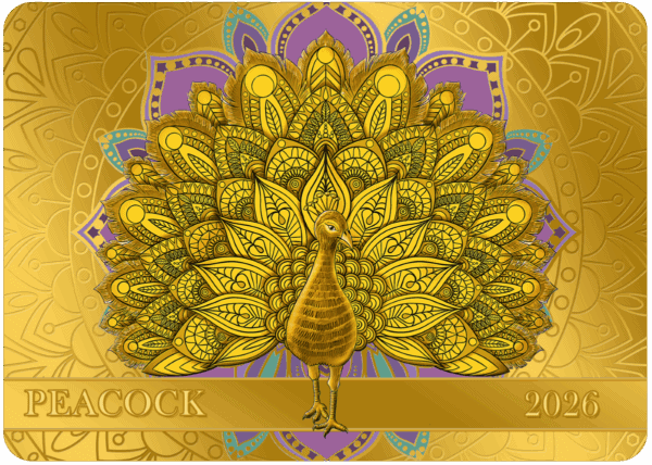 Golden peacock illustration on a decorative background, detailed art for GR Reserve 2026.