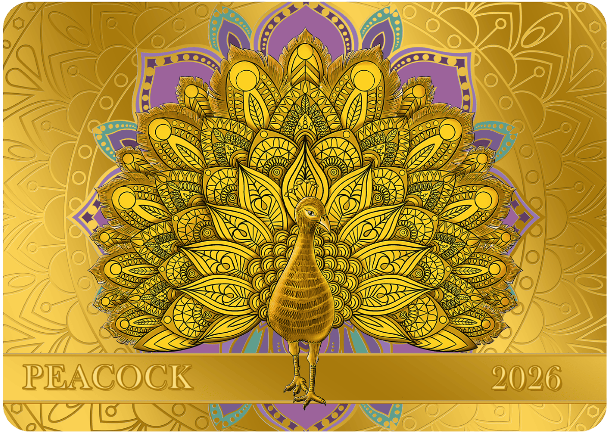 Golden peacock illustration on a decorative background, detailed art for GR Reserve 2026.