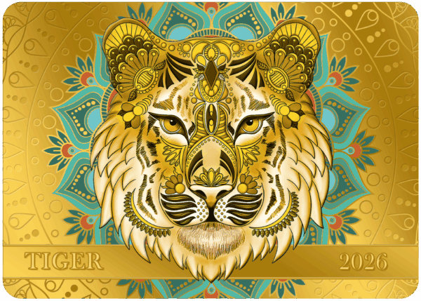 Golden tiger with intricate ornamental design, luxurious themed artwork for 2026.