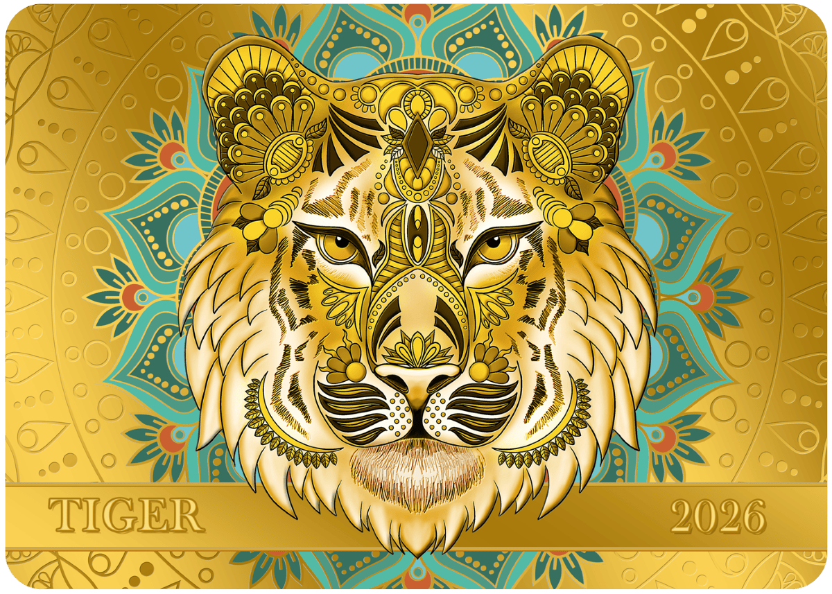 Golden tiger with intricate ornamental design, luxurious themed artwork for 2026.