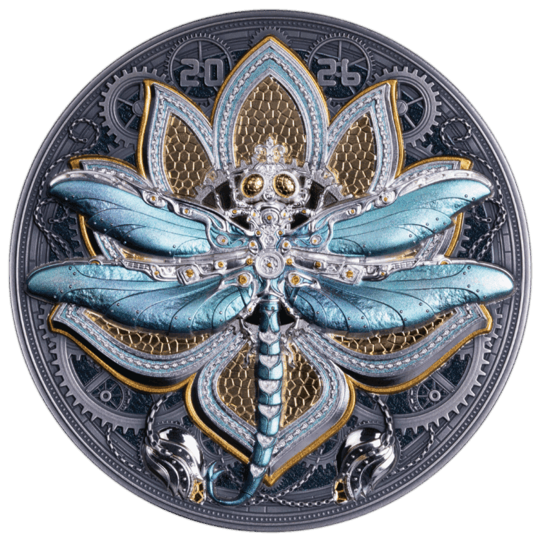 Intricate dragonfly design with mechanical and gold accents, luxury jewelry art piece, detailed craftsmanship.