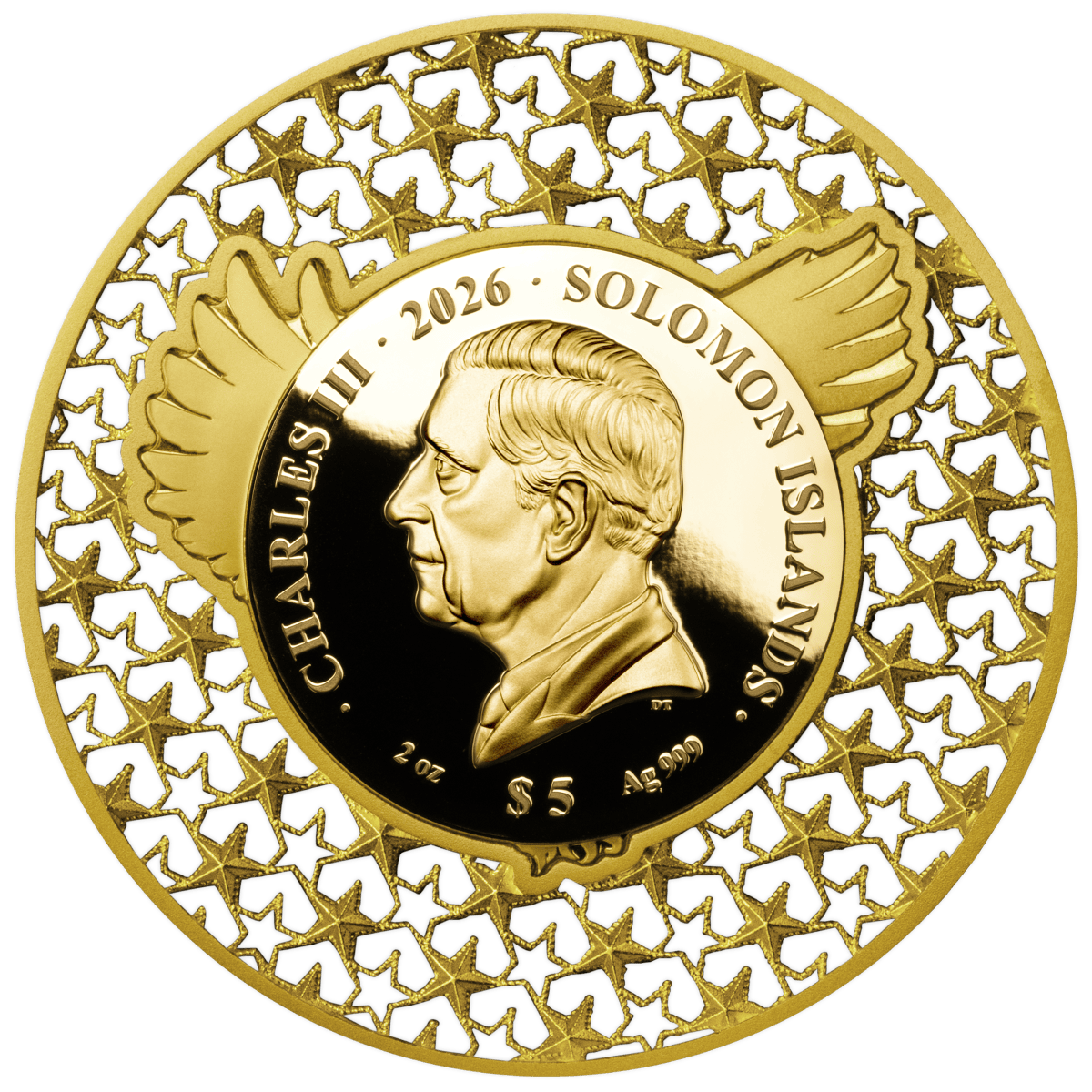 Gold coin featuring Charles III and Solomon Island design with commemorative year 2026.