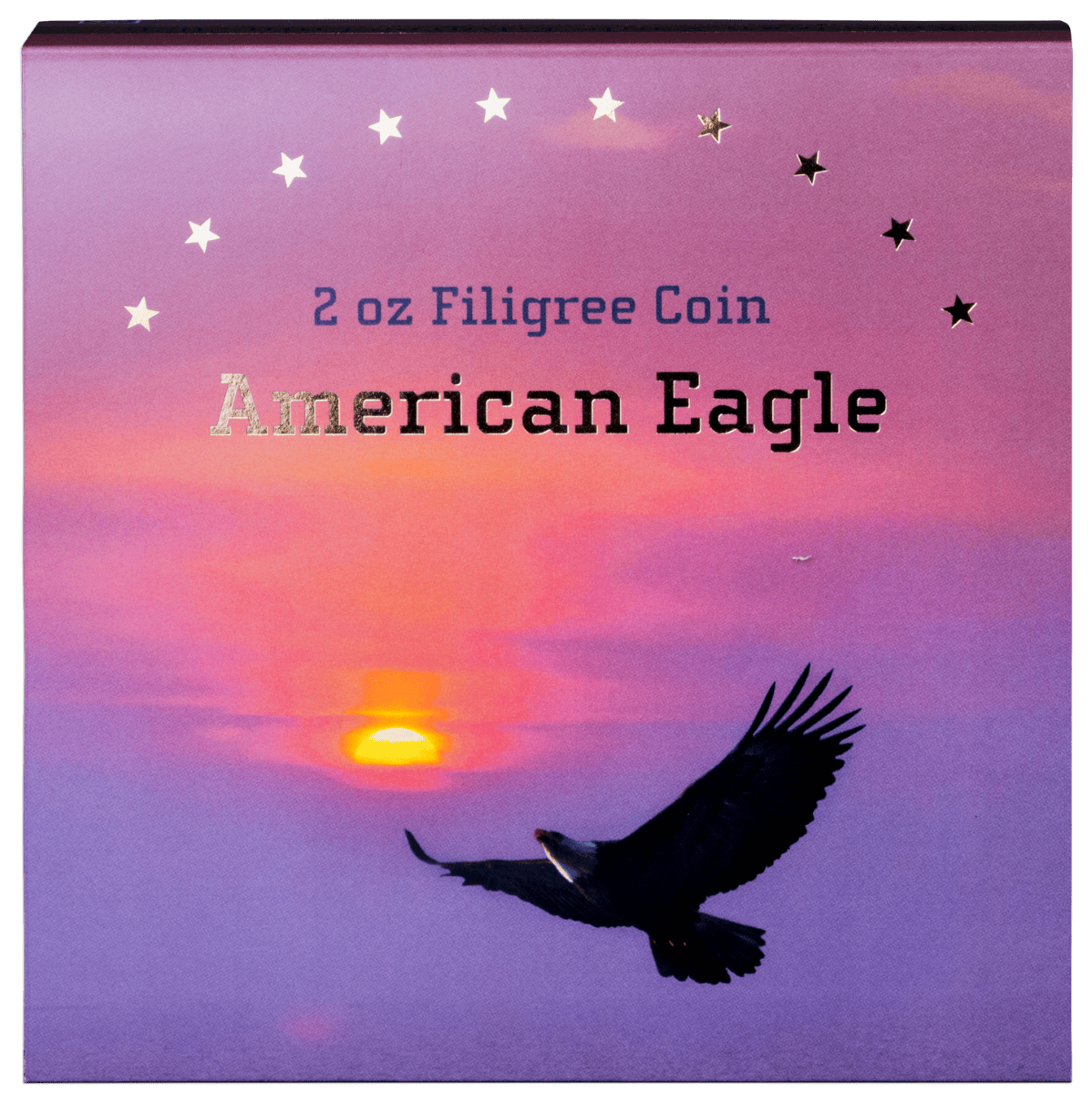 2. Sleek American Eagle 2 oz Filigree Coin with sunset background and star accents.