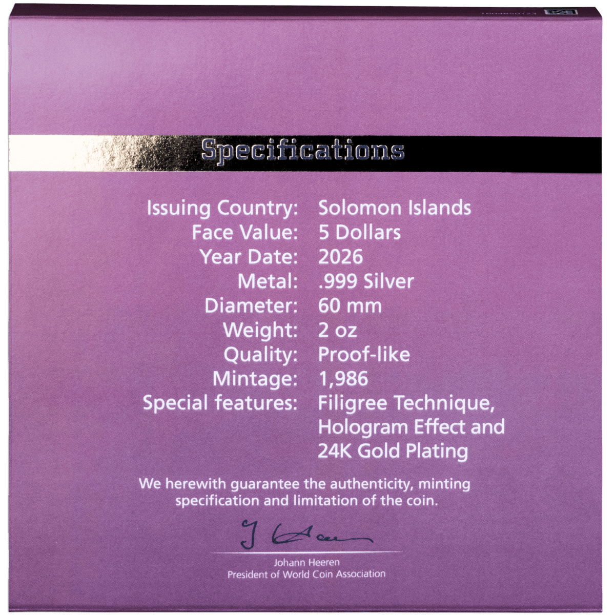 Authentic silver coin certification from Solomon Islands, proof-like 24K gold plated mintage 1986.